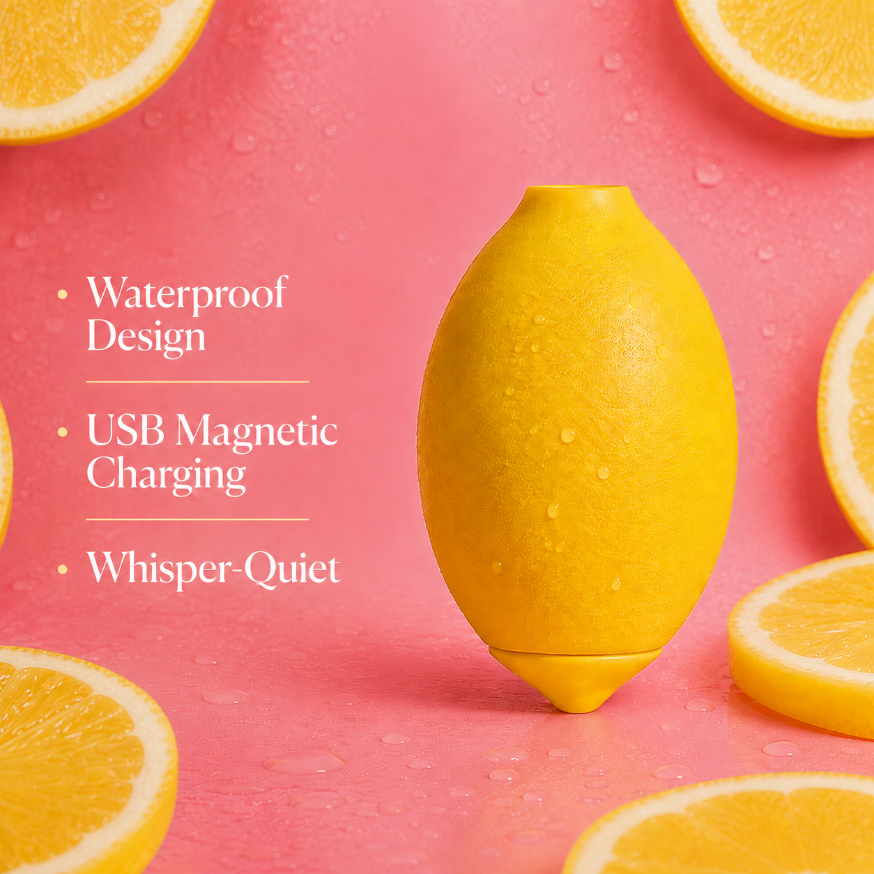 A yellow lemon-shaped USB charging dock with water droplets, set against a pink background with sliced lemons and text highlighting waterproof design, USB magnetic charging, and whisper quiet features.