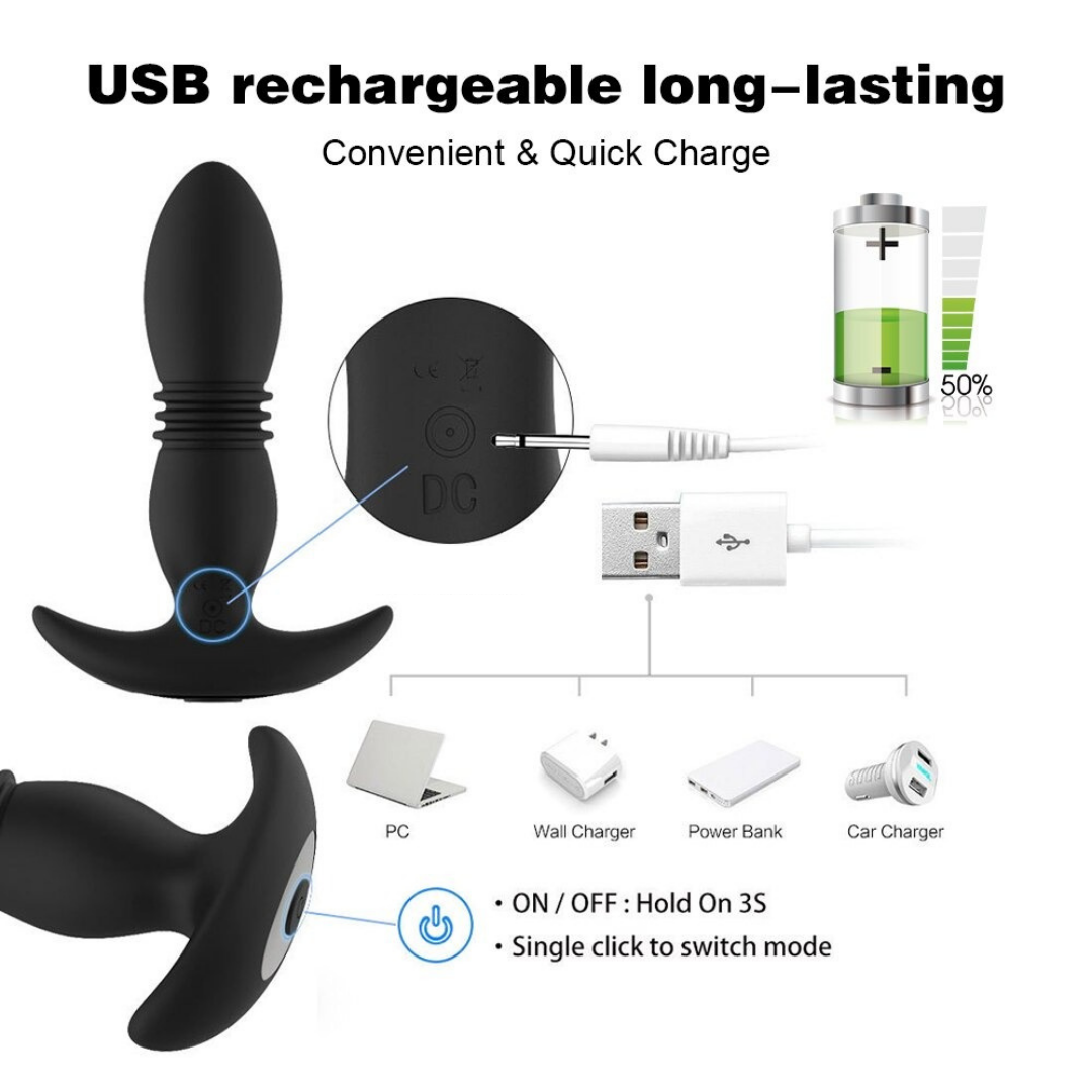 Remote Control Anal Plug Vibrator with 12 intense vibration speeds, secure flared T-Bar base USB Rechargeable