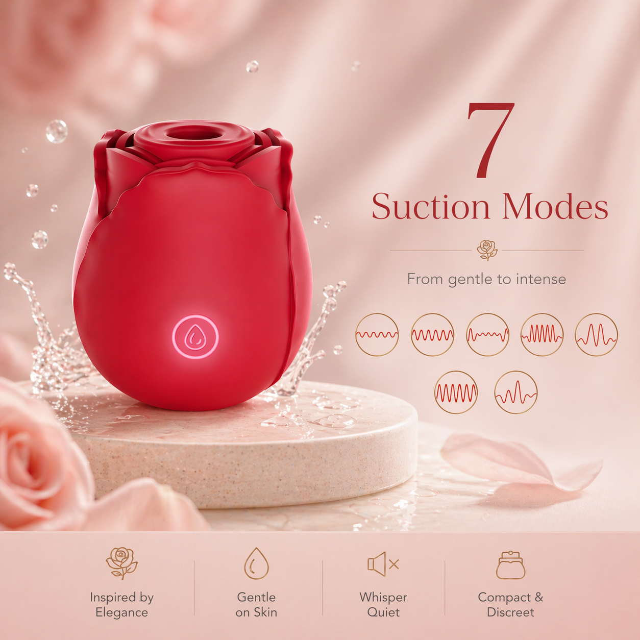 Rose vibrator intimate toy with 7 powerful suction settings and premium red design