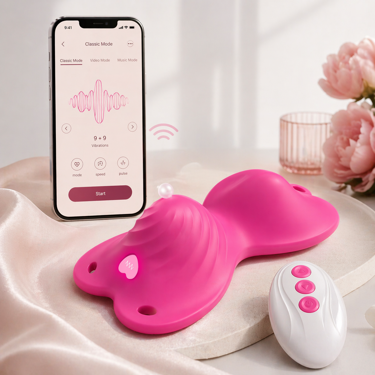 Scissoring vibrator for hands-free pleasure with ergonomic grind vibrator design